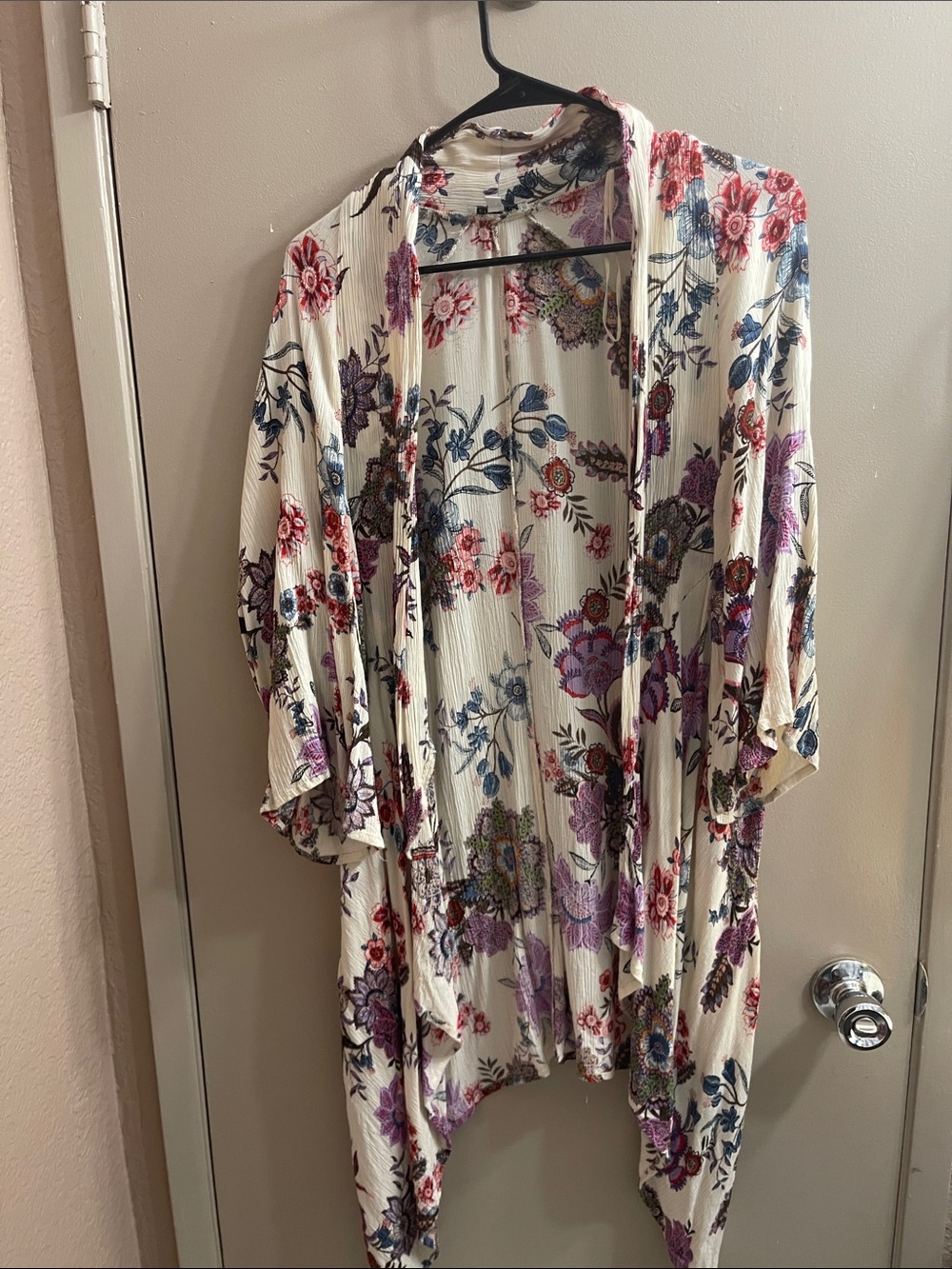 Floral Ivory Kimono Cardigan with Purple & Red flowers